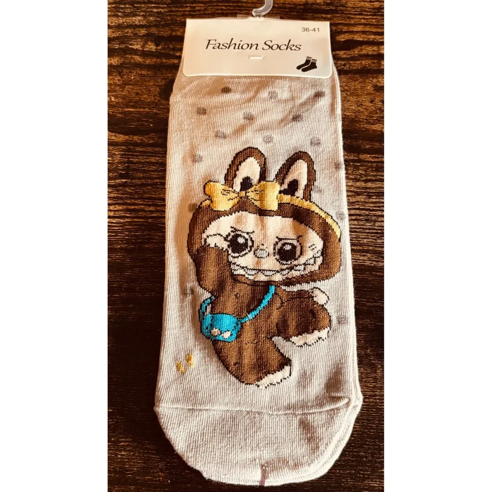 Labubu Character Combed Cotton Ankle Socks Beige Polka Dot Pop Mart Style